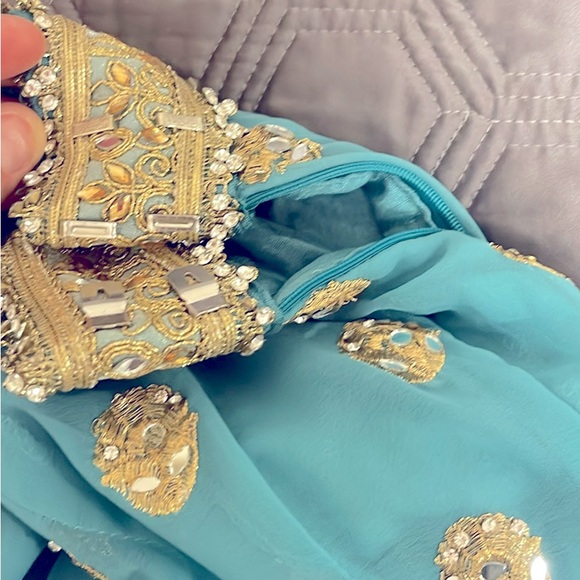 Teal Blue Heavy Lehenga, gold threading with stone and mirror accents - Picture 7 of 9